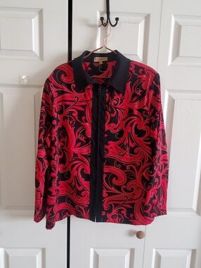 NOTATIONS WOMAN 3X RED BLACK FLORAL PAISLEY PRINT FULL ZIP SHOULDER PADS JACKET